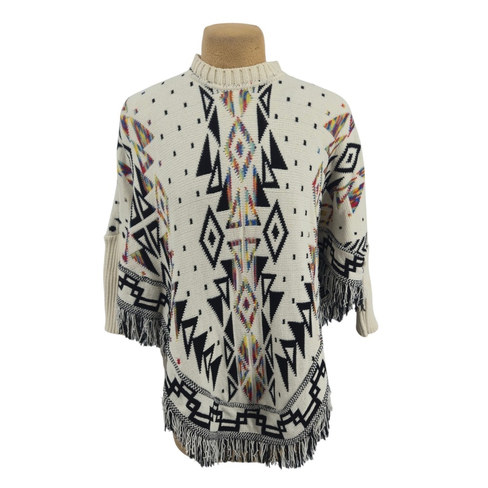 Marqlop Poncho Sweater Womens OS Geometric Aztec Fringe Knit Pullover